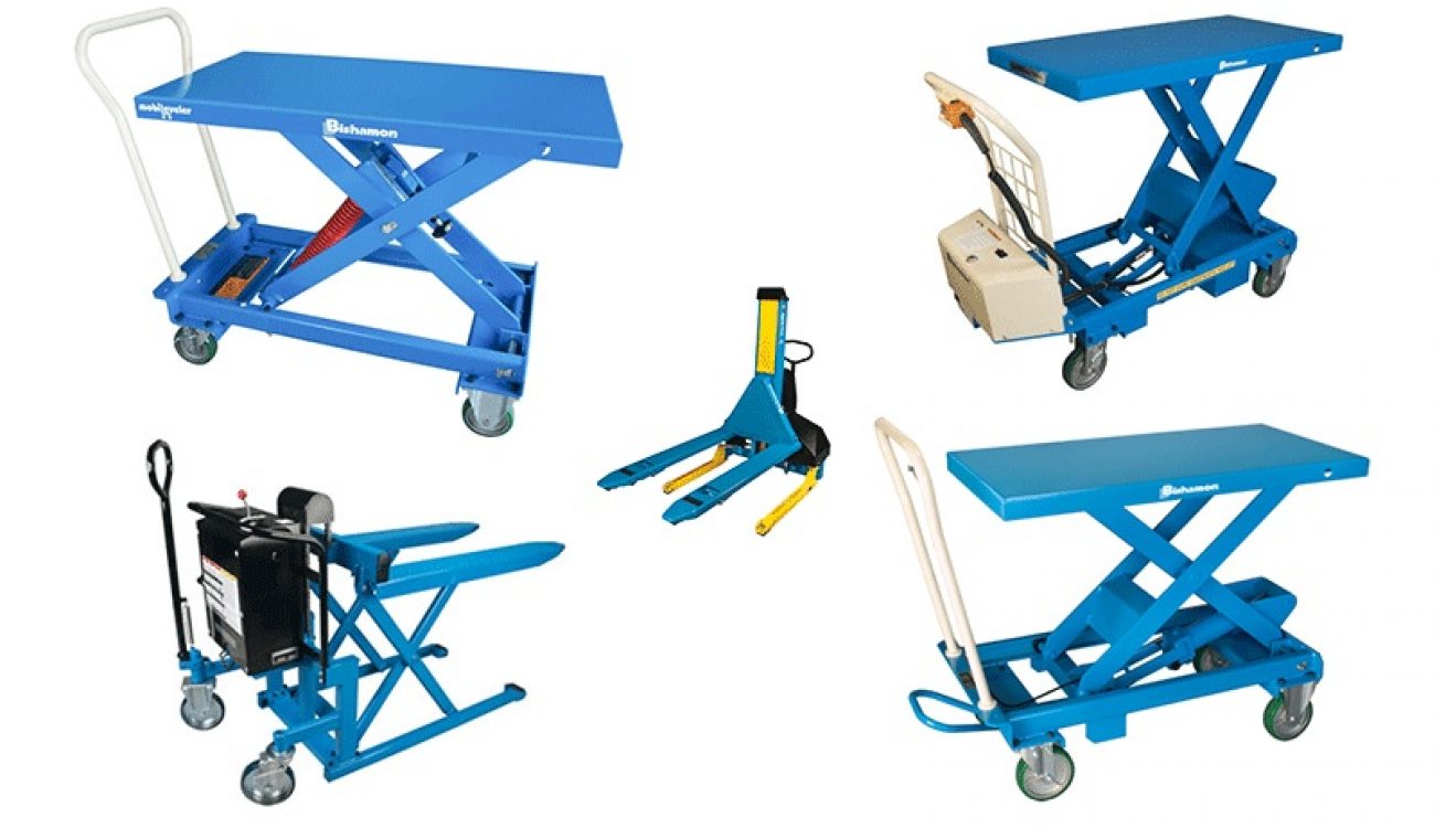Mobile scissor lift tables by Bishamon from Indoff Inc