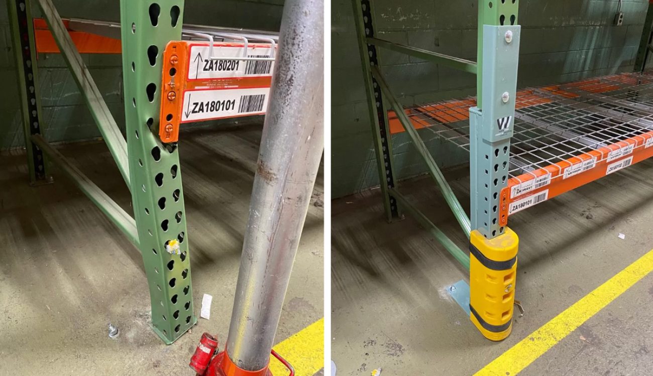 A before and after image of a pallet rack repair kit in Asheville.