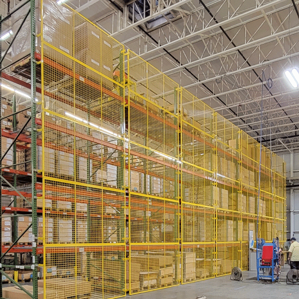 Pallet Rack guarding we recently completed for a customer. Customer created a work area between the rack so we added the guarding to ensure no product falls on a person.