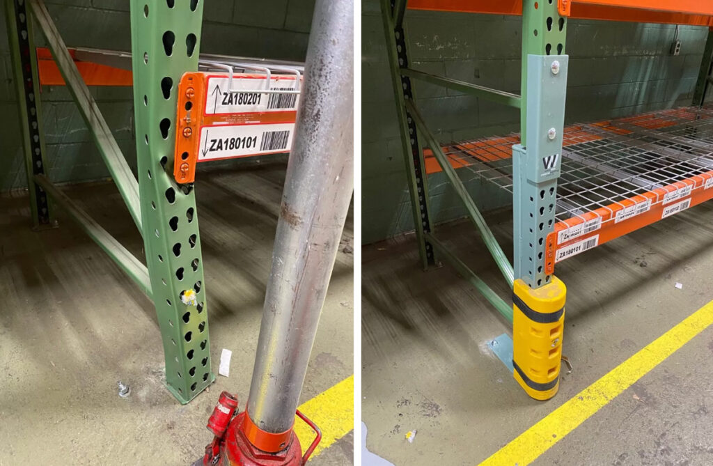 A before and after image of a pallet rack repair kit in Asheville.